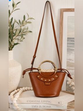 CLAUDIA PIERLOT COGNAC BROWN LEATHER BUCKET SHOULDER BAG MINI DESIGNER TRENDY